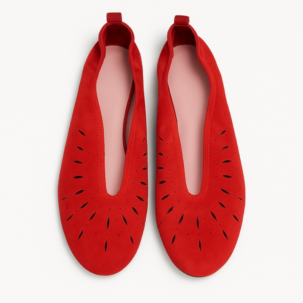 Hirica France Red Suede Flats – Size 40 Garden Party Spring Luxury Romance